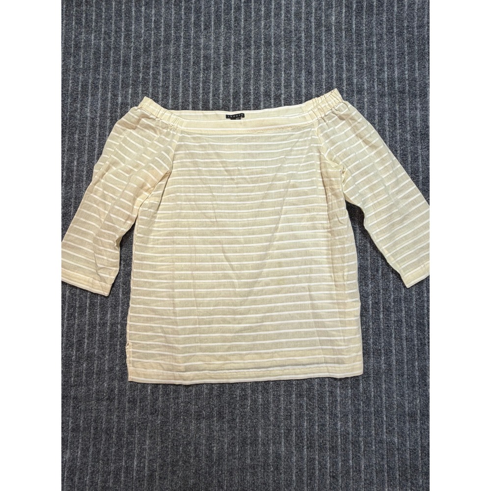 Theory Off The Shoulder Top  Size M Beige Striped Cotton Coastal Quiet Luxury